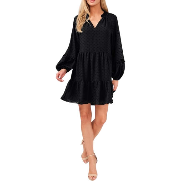 CeCe Dresses & Skirts - CECE Clip Dot Ruffle Long Sleeve Black Shift Dress Style 7031928 Size Medium NWT